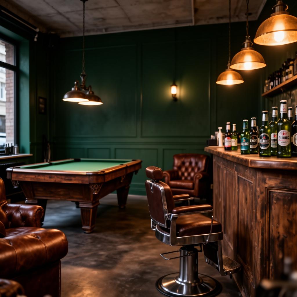 Interior da Green's Barbershop com mesa de bilhar